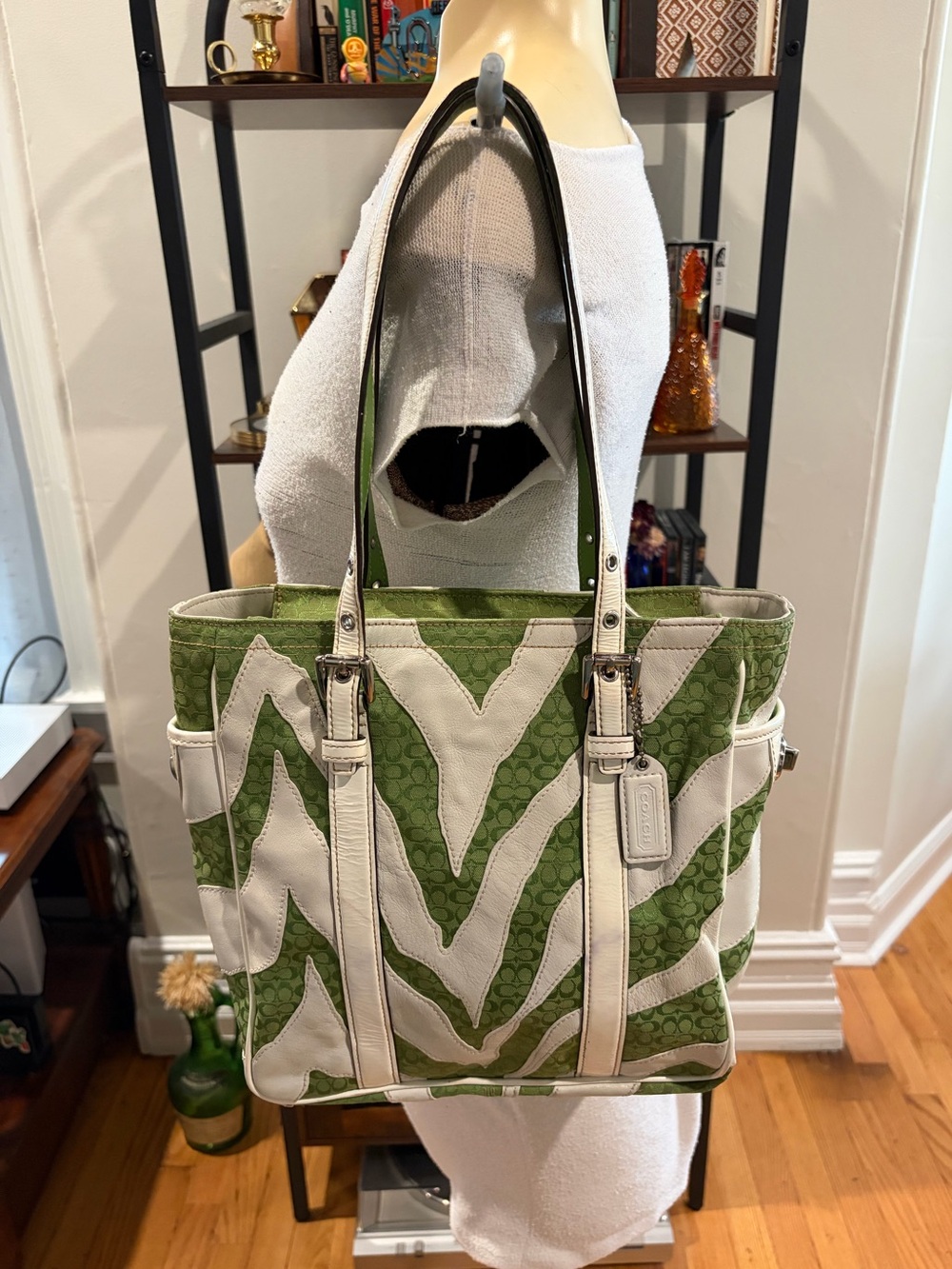 Coach Green and White Zebra Print Tote Y2K - 2555